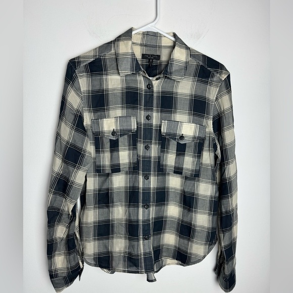 Rag & Bone Quinn Checked Button Down Shirt Small Navy cream - Picture 5 of 11